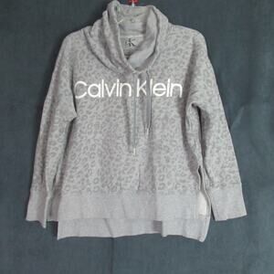 Calvin Klein Sweatshirt Womens Size M Gray Leopard Print Fleece Mock Neck Logo